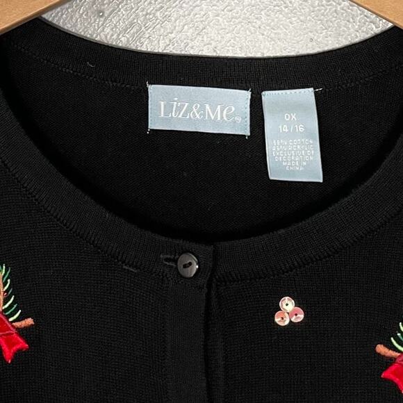 Liz & Me Size 0X Black Embroidered Sequin Red Bird Snowflake Christmas Cardigan - Picture 4 of 10